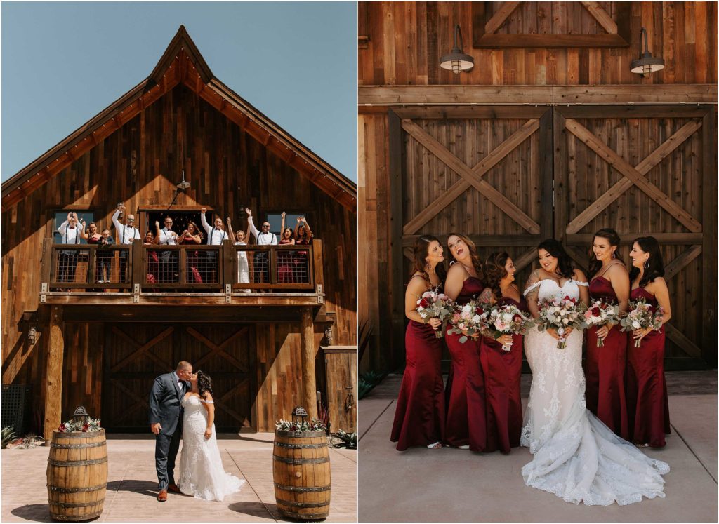 Fox Haven Ranch Spring Wedding Photo in Byron, CA. Red maroon bridesmaids dresses.