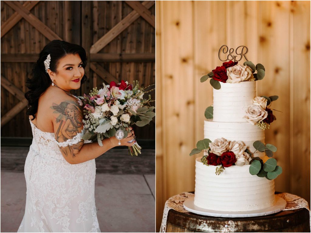Fox Haven Ranch Spring Wedding Photo in Byron, CA. White 3 tier wedding cake with red and cream roses