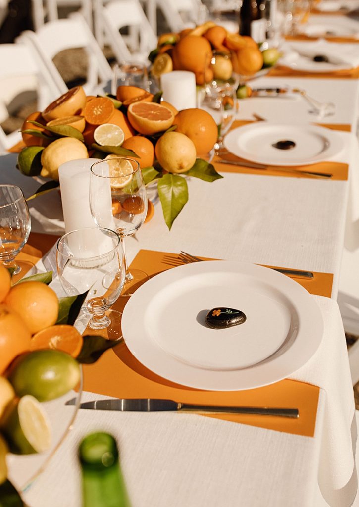 minimalist wedding table decor with oranges and citrus