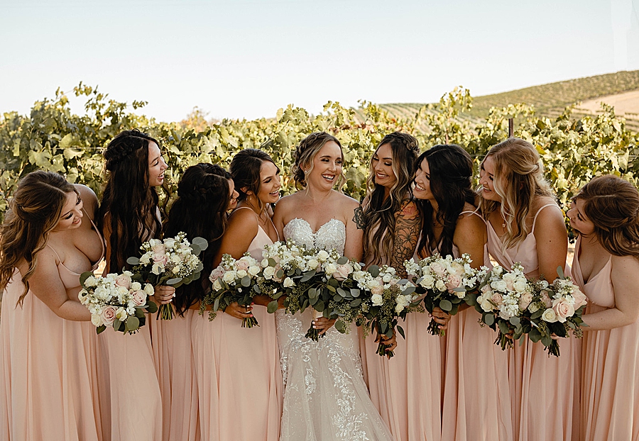Fall Vineyard winery wedding blush pink bridesmaids dresses